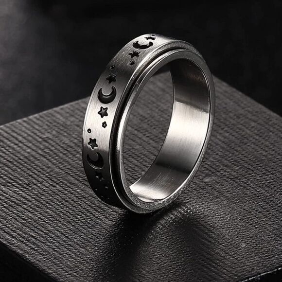 316L Stainless Steel Moon and Stars Fidget Anxiety Stress Relieving Spin Ring - Picture 2 of 4